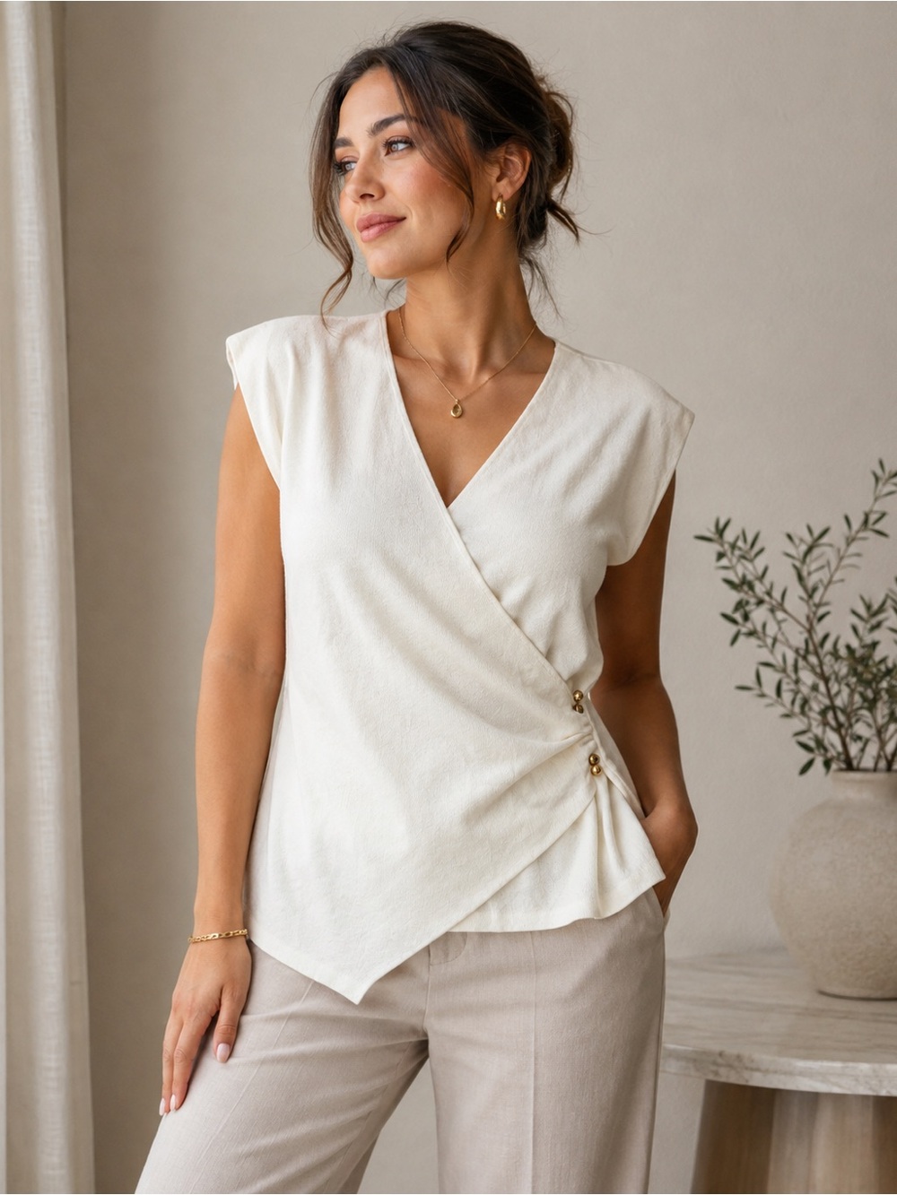 Cream Wrap-Style Cap-Sleeve Blouse with Side Button Detail